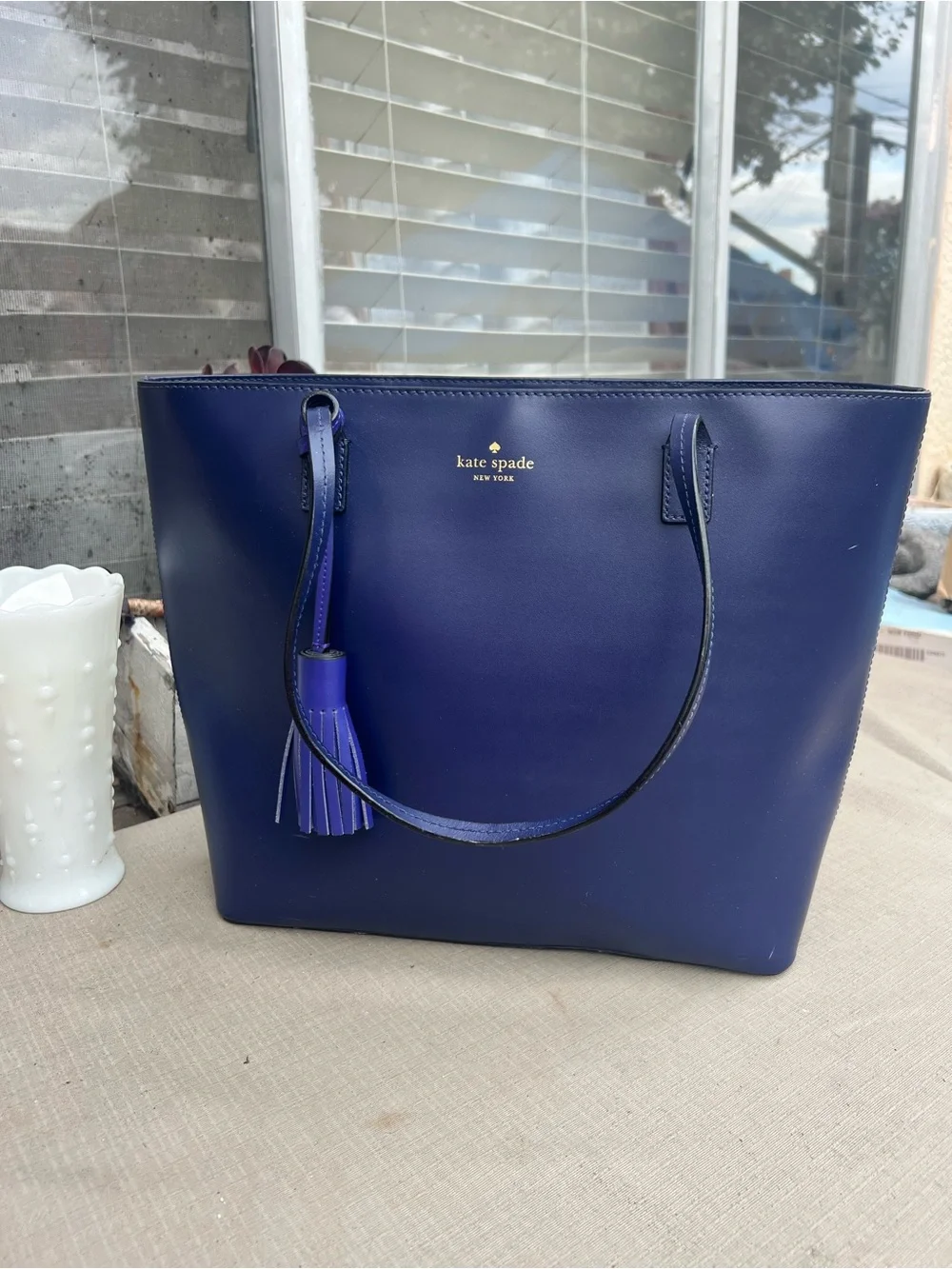 kate spade Navy Leather Tote with Tassel Accent
